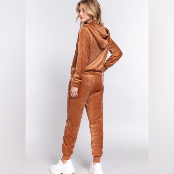 Faux Fur Jogger 2 Piece Hoodie Set NWT in Camel - Picture 3 of 3